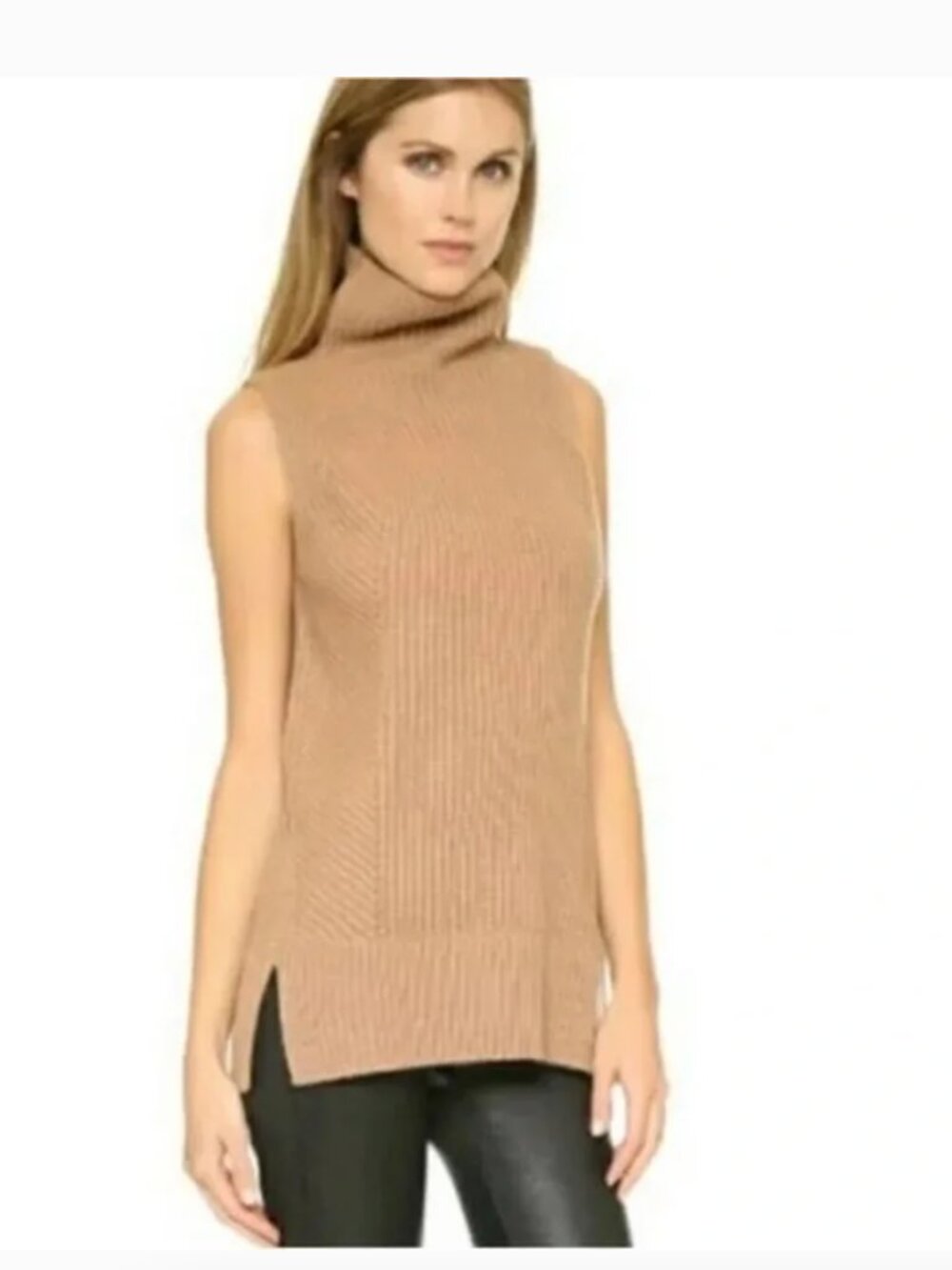 Vince Directional Ribbed Funnel Neck Cashmere Wool Sleeveless Sweater edgy sz S